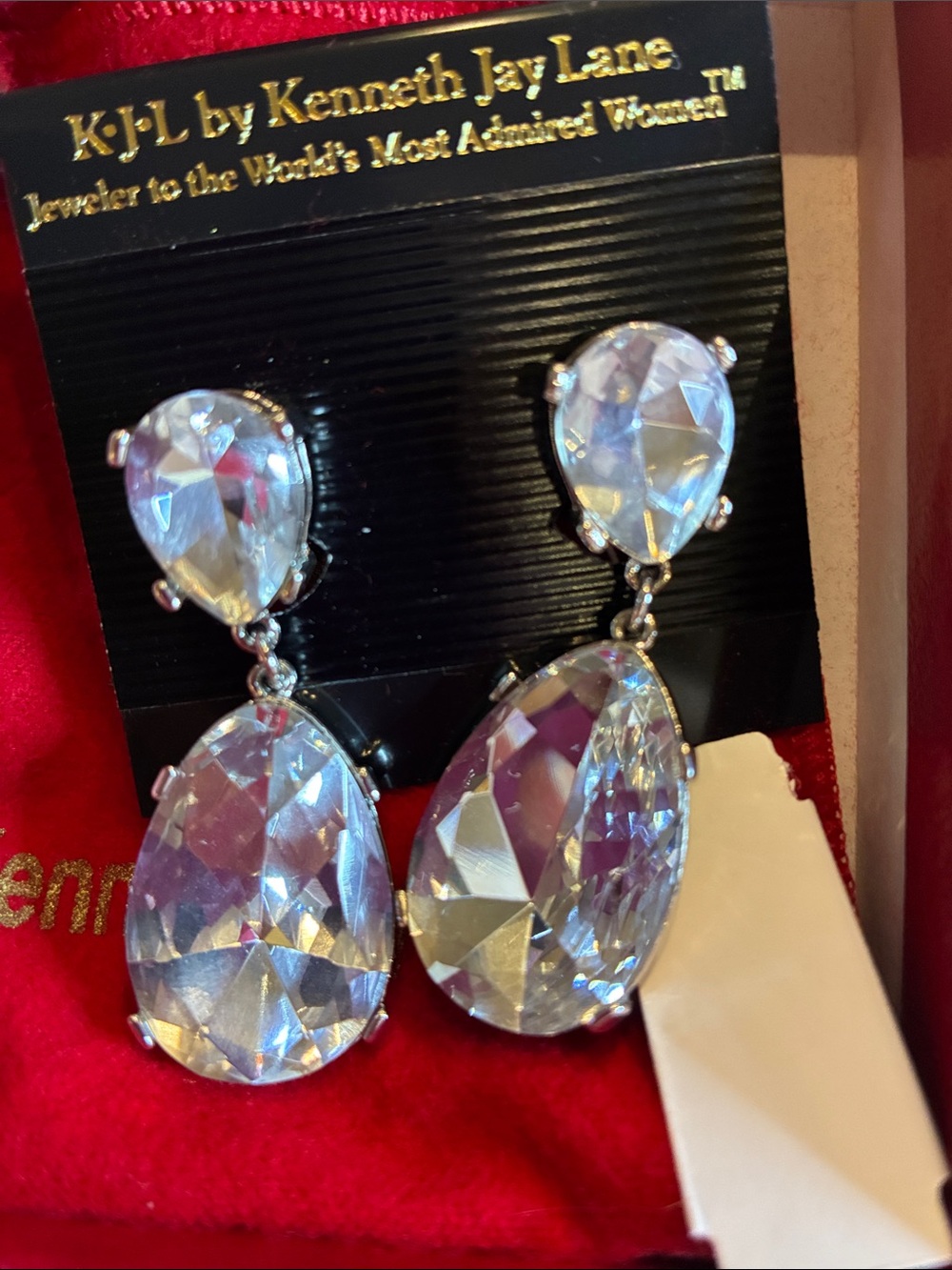 Kenneth Jay Lane Clear Crystal Teardrop Dangle pierced Earrings - Picture 4 of 4